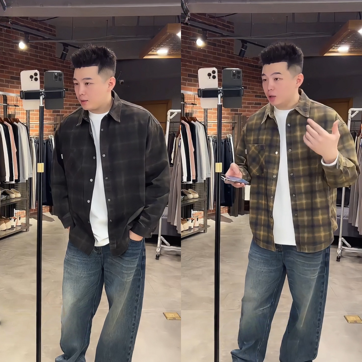 韩版复古秋季男士休闲衬衫时尚百搭格子拼接外套高品质长袖上衣潮