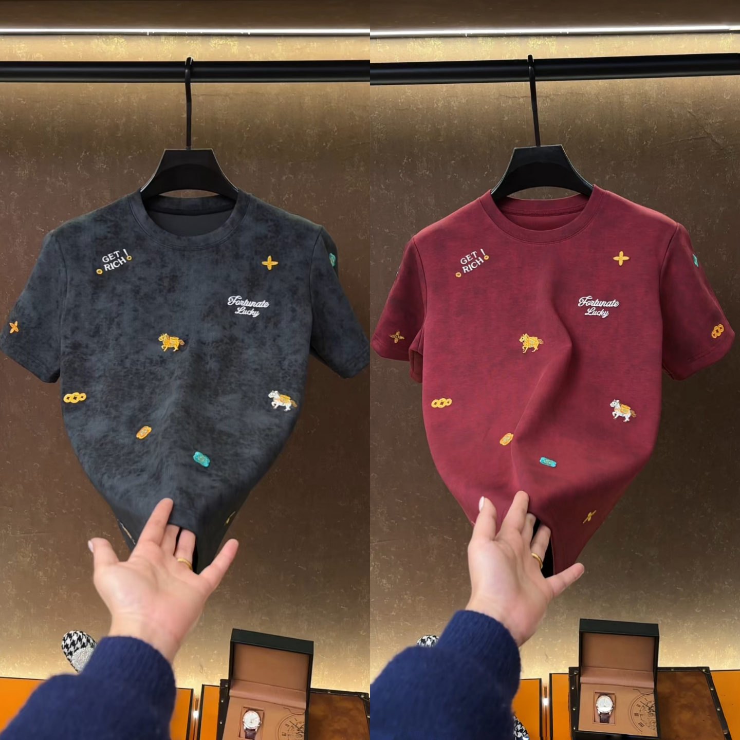 马年高定款轻奢风刺绣短袖T恤冬季新款男士高级感潮牌设计款卫衣