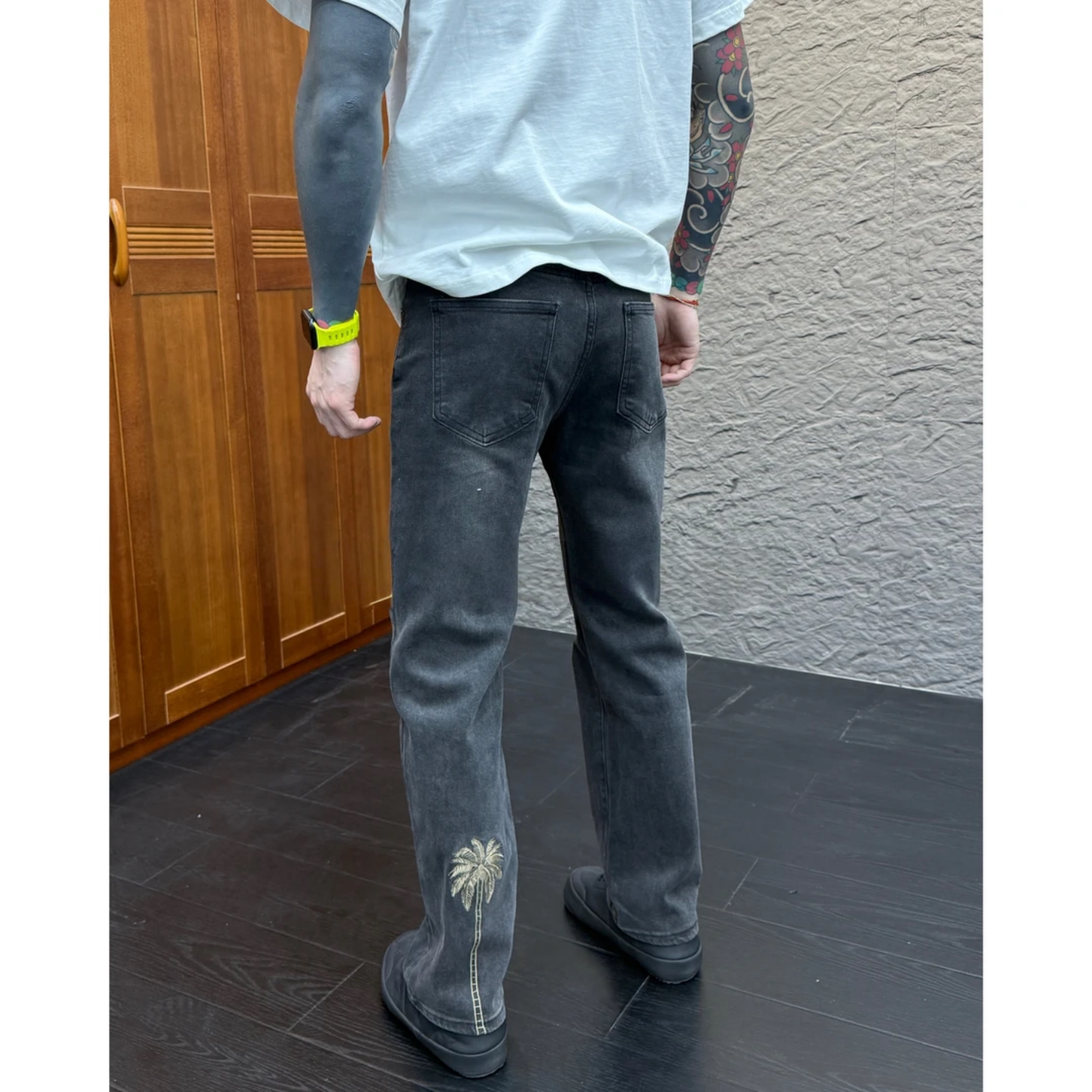 椰树图案直筒男士牛仔裤高街风