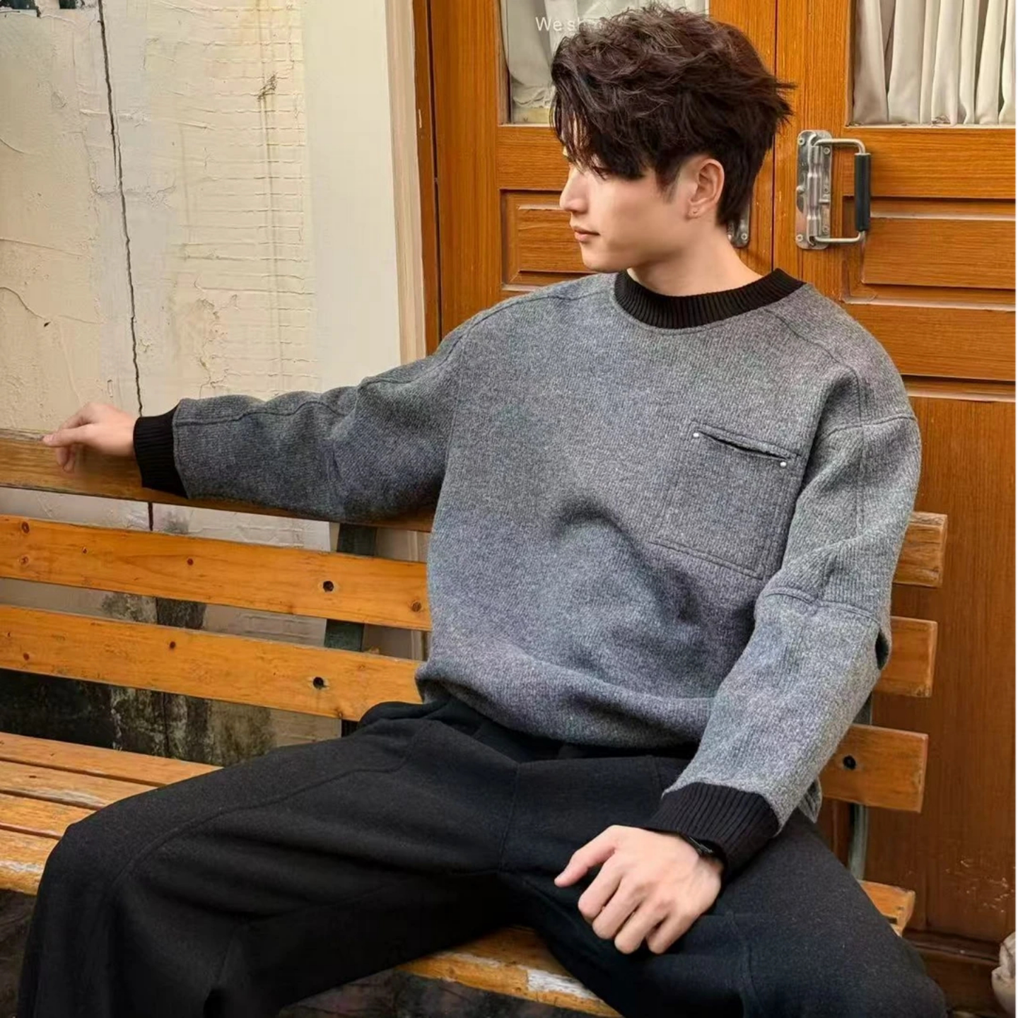 潮牌拼接百搭卫衣男休闲风冬季撞色圆领加绒上衣打底衫高级感男装