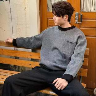 潮牌拼接百搭卫衣男休闲风冬季撞色圆领加绒上衣打底衫高级感男装