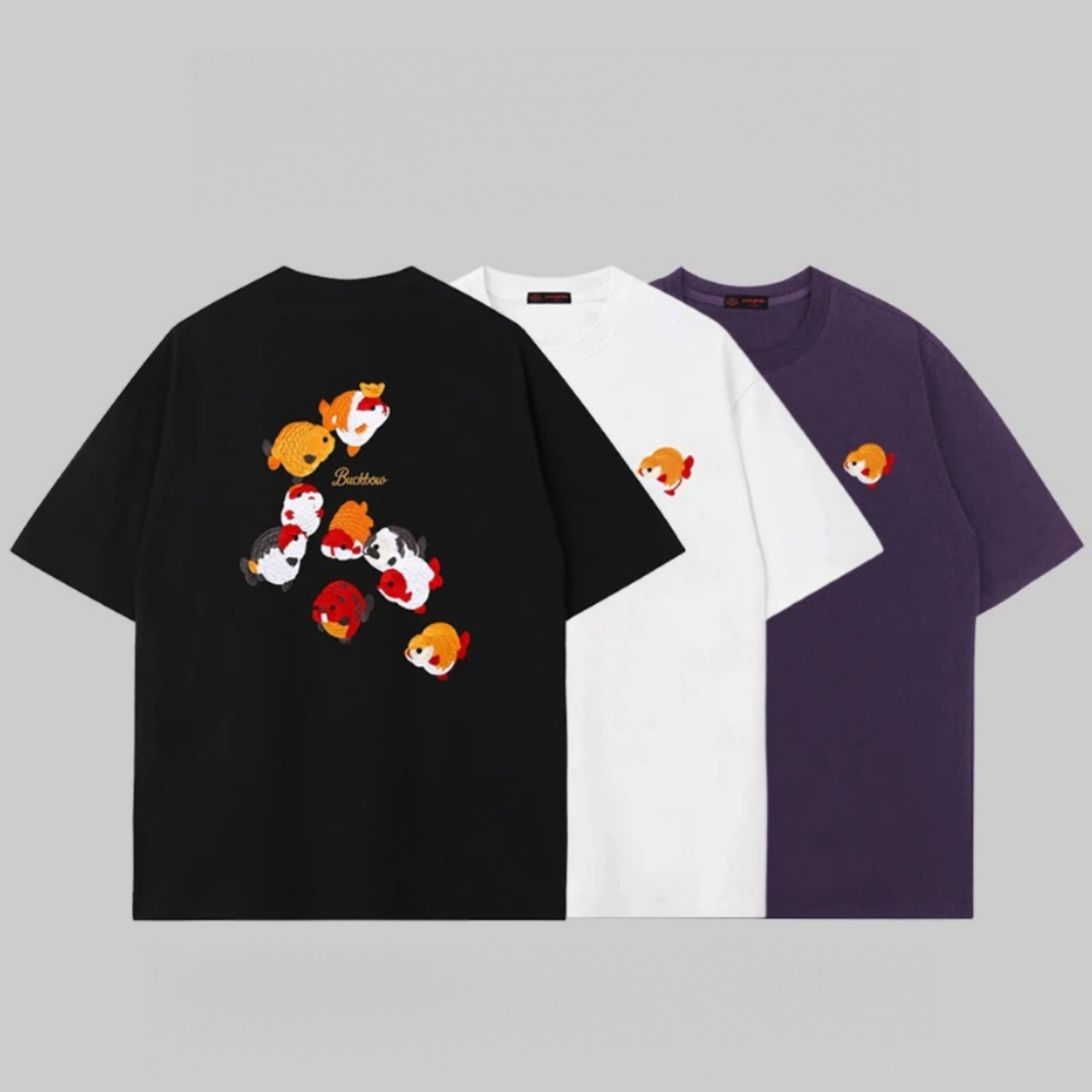 春季新款童趣金鱼刺绣短袖T恤男士圆领夜光创意潮流时尚个性上衣