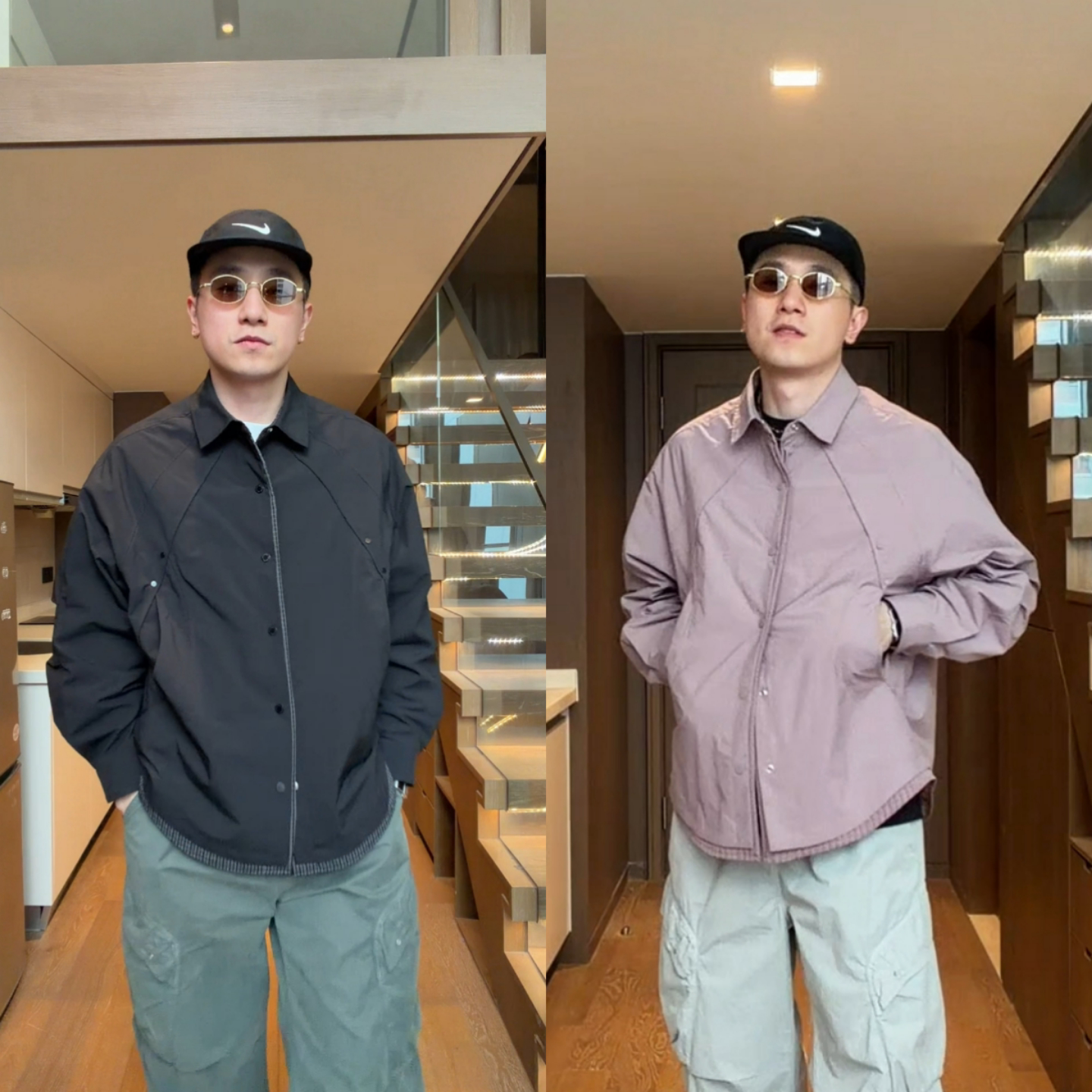 春季新款格子拼接假两件男士衬衫
