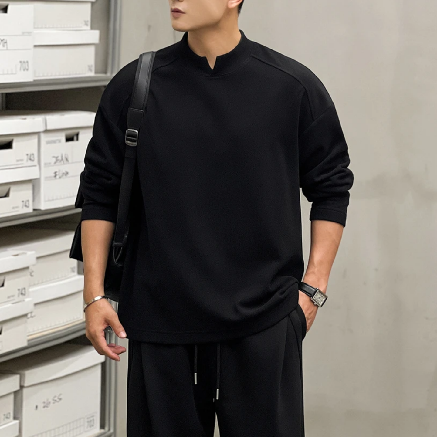 高品质【双面小V设计款】冬季保暖显肩宽长袖男内搭打底休闲卫衣