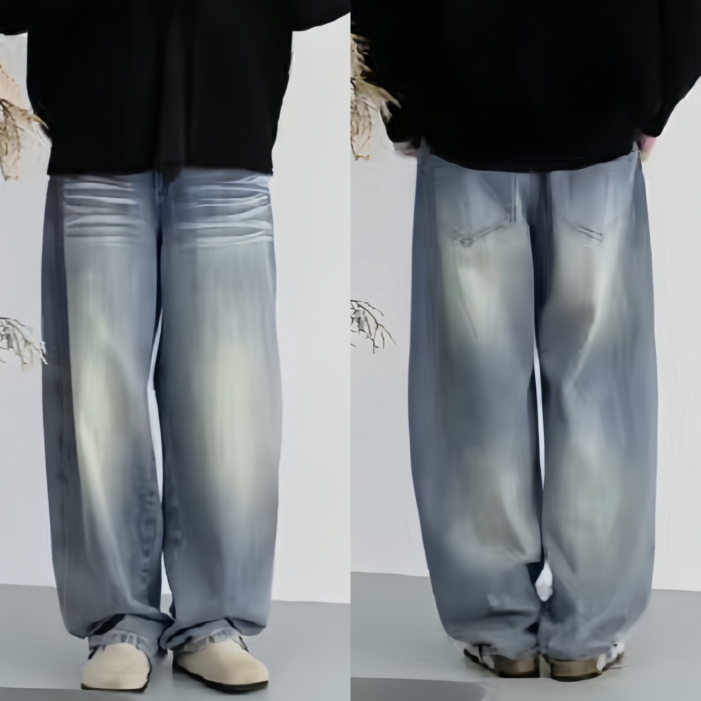 2026春季新款美式复古风浅蓝色水洗猫须阔腿牛仔裤男宽松直筒长裤