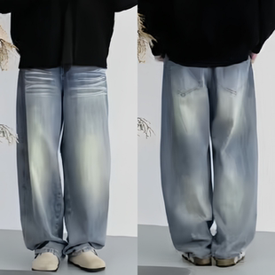 2026春季新款美式复古风浅蓝色水洗猫须阔腿牛仔裤男宽松直筒长裤