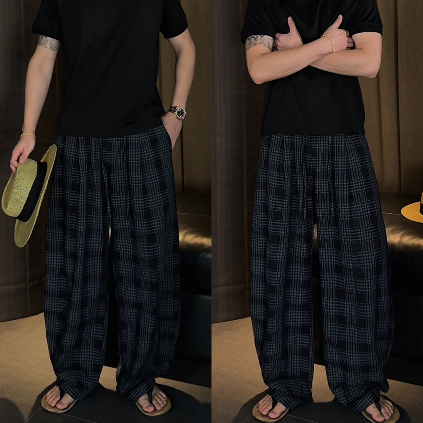 痞帅小众男士时尚格子透气休闲裤