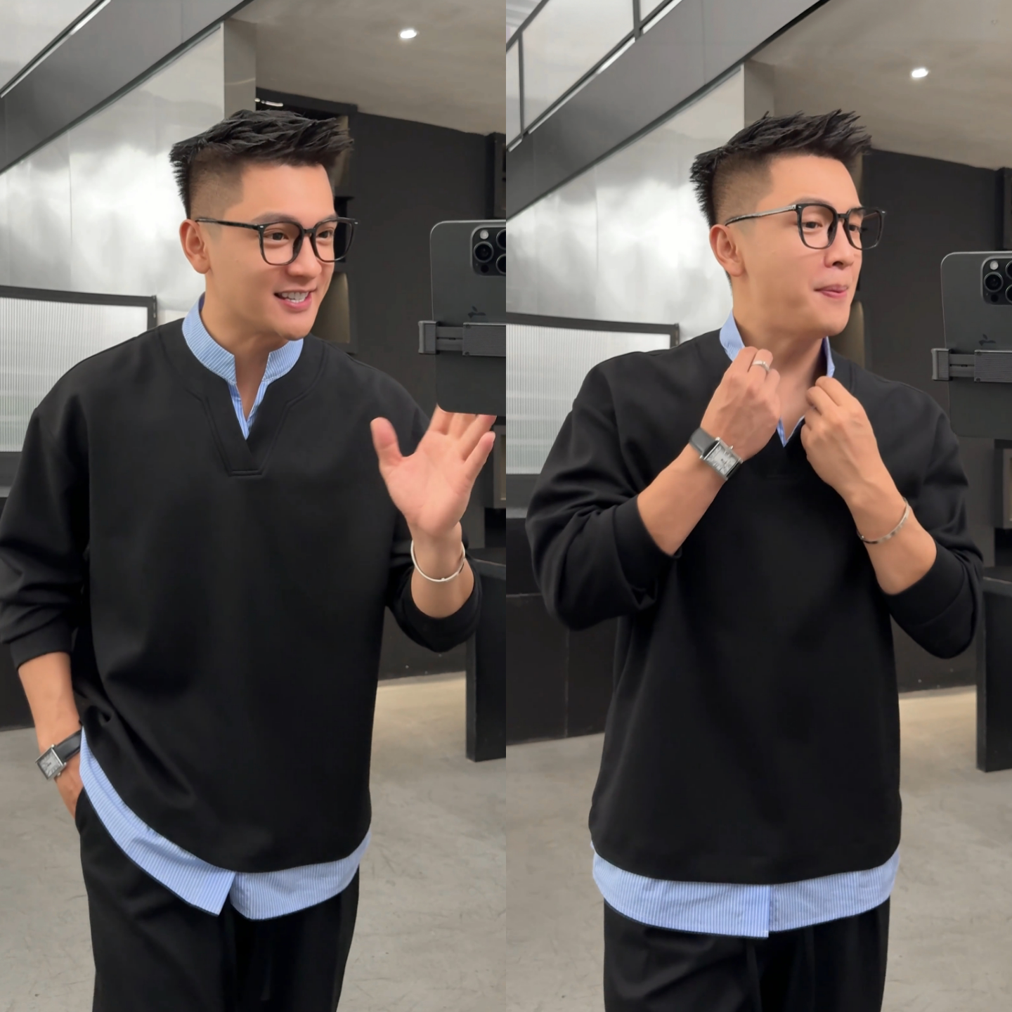 假两件条纹拼接长袖百搭卫衣男士