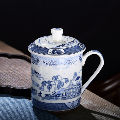 大容量500景德镇青花瓷带盖茶杯陶瓷家用办公室个人杯子定制刻字