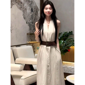 气质收腰显瘦长裙 米白色高级感V领挂脖连衣裙女早秋穿搭2025新款