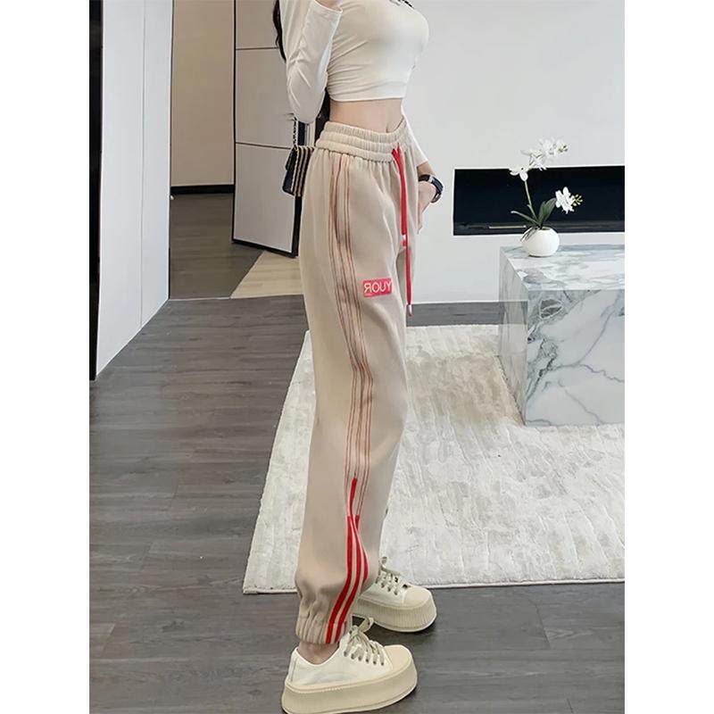运动裤女春秋2025新款裤子竖条纹撞色哈伦裤抽绳休闲宽松束脚卫裤