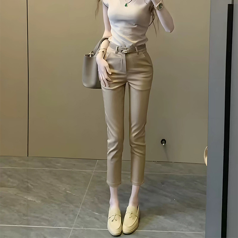 西装裤女春夏新款卡其色裤子小脚铅笔裤高腰显瘦烟管裤休闲九分裤