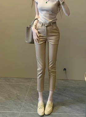 西装裤女春夏新款卡其色裤子小脚铅笔裤高腰显瘦烟管裤休闲九分裤
