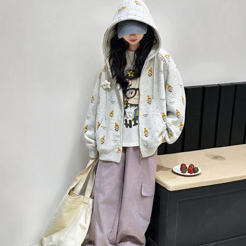 女童外套秋装2026新款女大童洋气时髦连帽卫衣宽松休闲拉链衫开衫