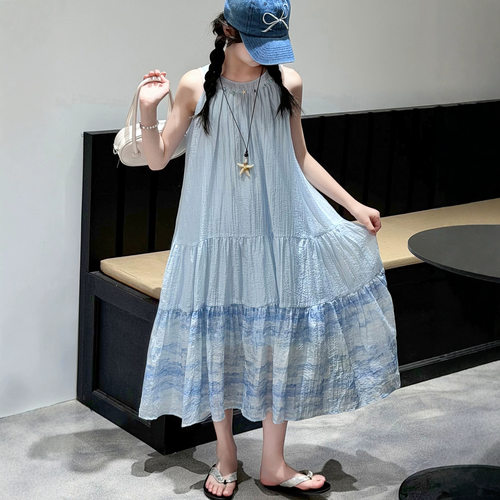 女童夏季连衣裙2026新款儿童无袖背心裙大童夏装洋气挂脖吊带裙子