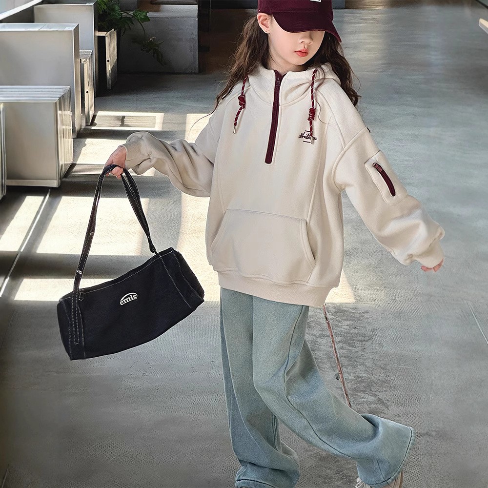 女童加绒卫衣冬季2025新款洋气儿童连帽加厚秋冬女大童一体绒上衣