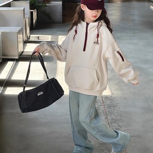 女童加绒卫衣冬季2025新款洋气儿童连帽加厚秋冬女大童一体绒上衣