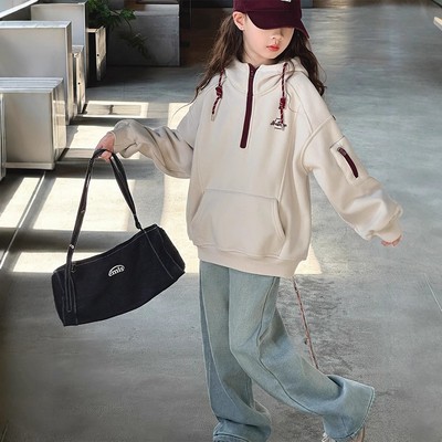 女童加绒卫衣冬季2025新款洋气儿童连帽加厚秋冬女大童一体绒上衣