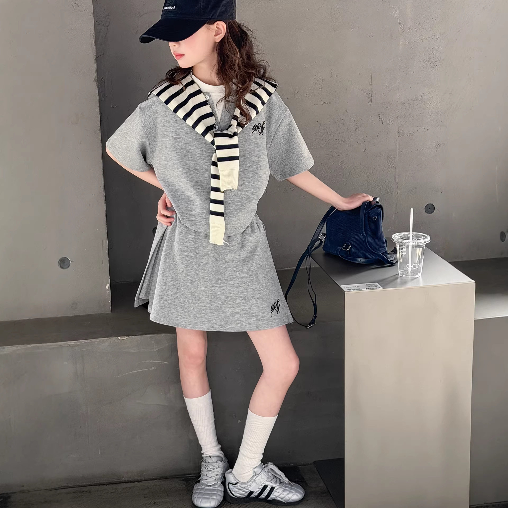 女童夏装套装2026新款儿童时髦洋气大童假两件上衣裙裤披肩两件套