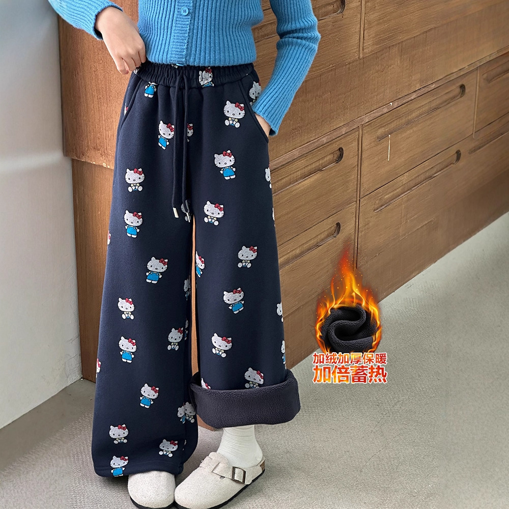 女童加绒裤子2025新款初中生女孩洋气卡通大童冬季加厚休闲阔腿裤