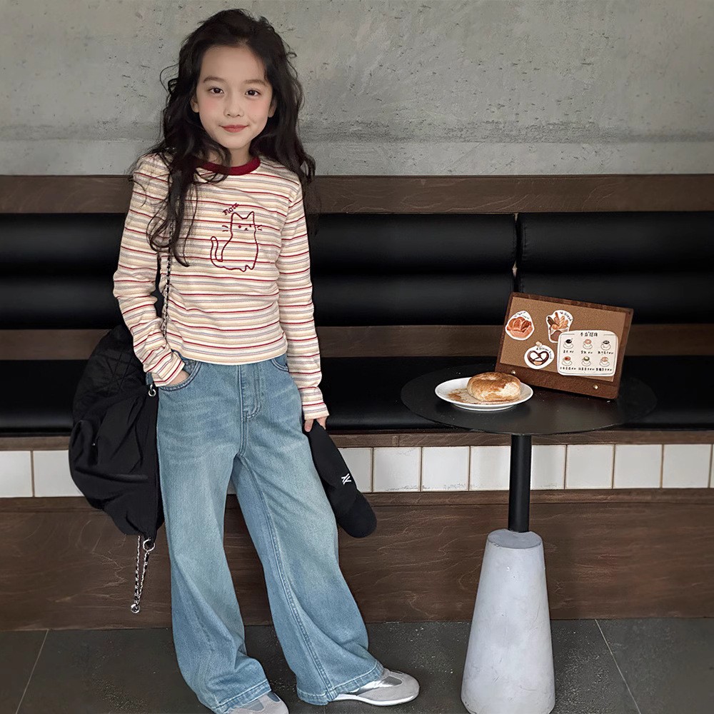 女童长袖t恤纯棉2025新款洋气儿童春秋款大童修身条纹打底衫上衣