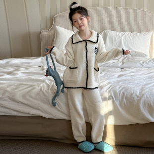 女孩女大童套装 2025新款 半边绒翻领睡衣女童加厚家居服冬款 冬季