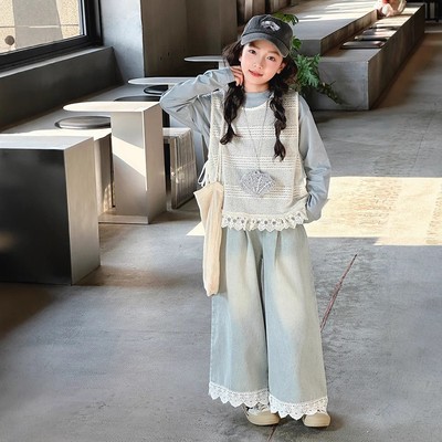 女童套装春秋款2025新款儿童时髦洋气春装大童长袖T恤马甲三件套