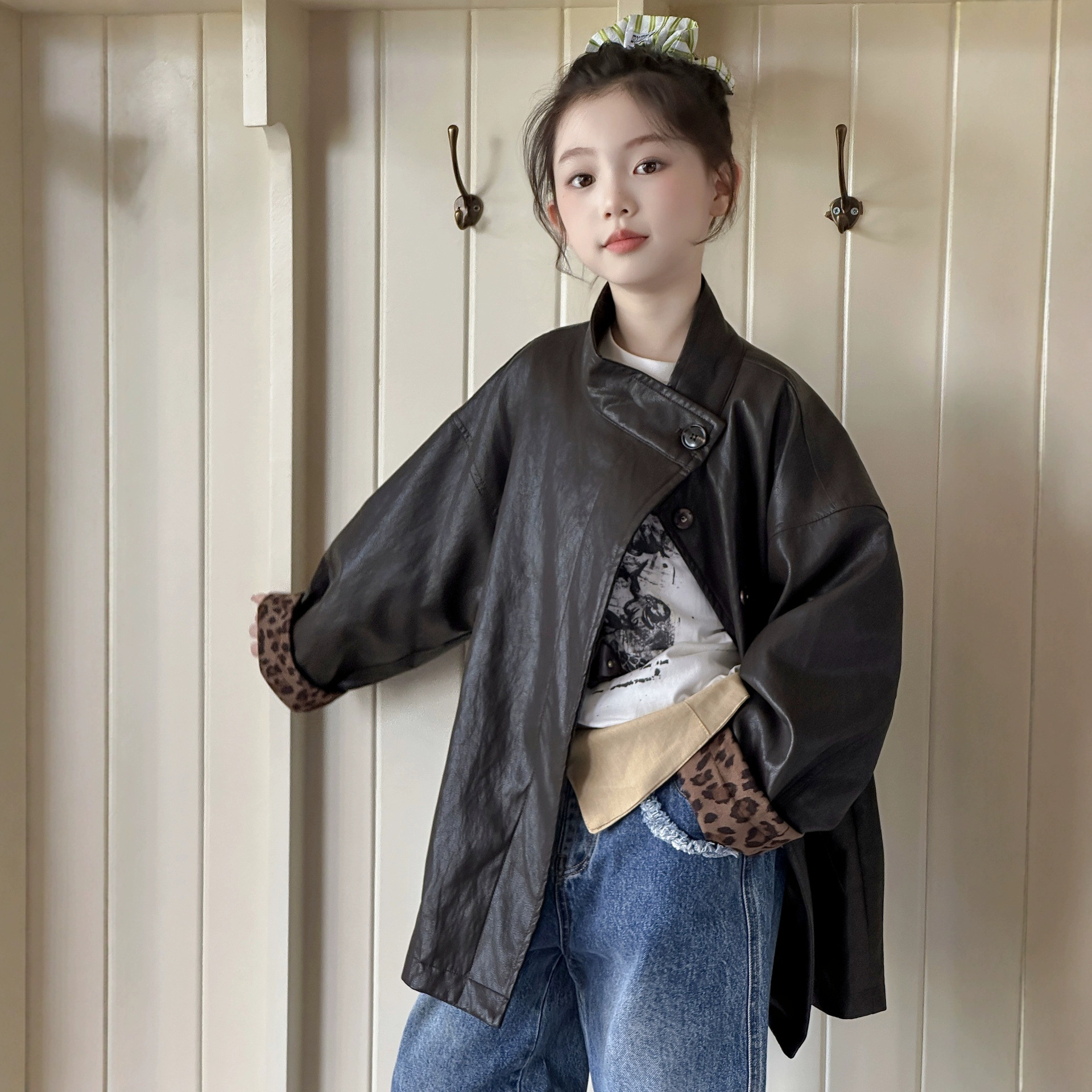 女童中长款皮衣外套2025秋装新款洋气网红女大童春秋儿童夹克上衣