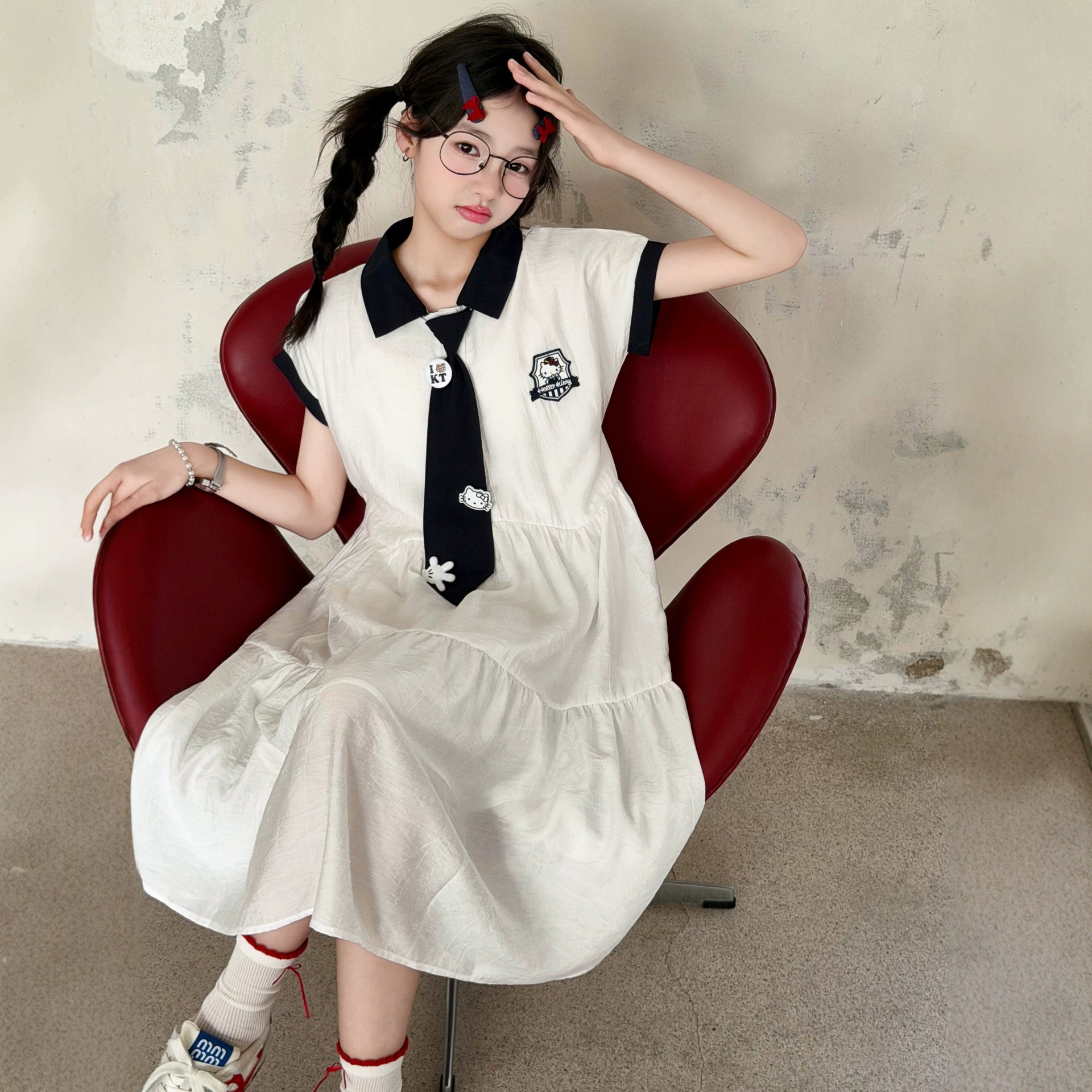 女童雪纺连衣裙夏季2026新款儿童洋气时髦夏装大童学院风翻领裙子