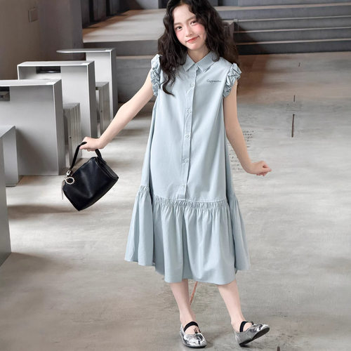 女童连衣裙夏季2026新款儿童洋气时髦夏装女大童无袖背心衬衫裙子