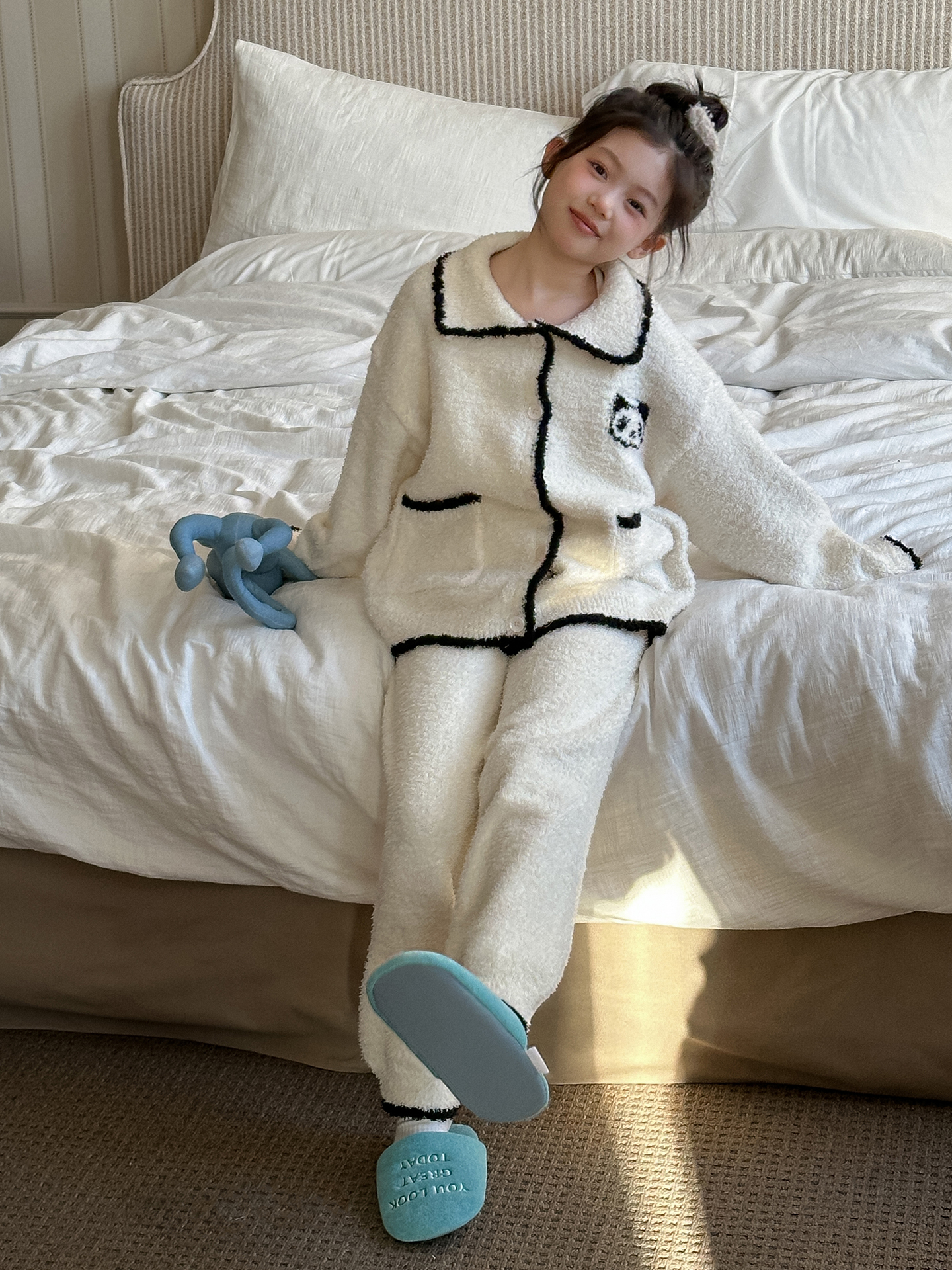 女童冬季半边绒翻领睡衣小女孩加厚家居服冬款2025新款女大童套装