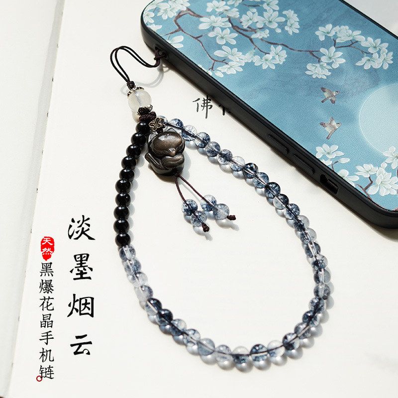 黑爆花晶手机挂件手腕绳小狐狸黑曜石手机挂绳串珠防丢防摔挂饰