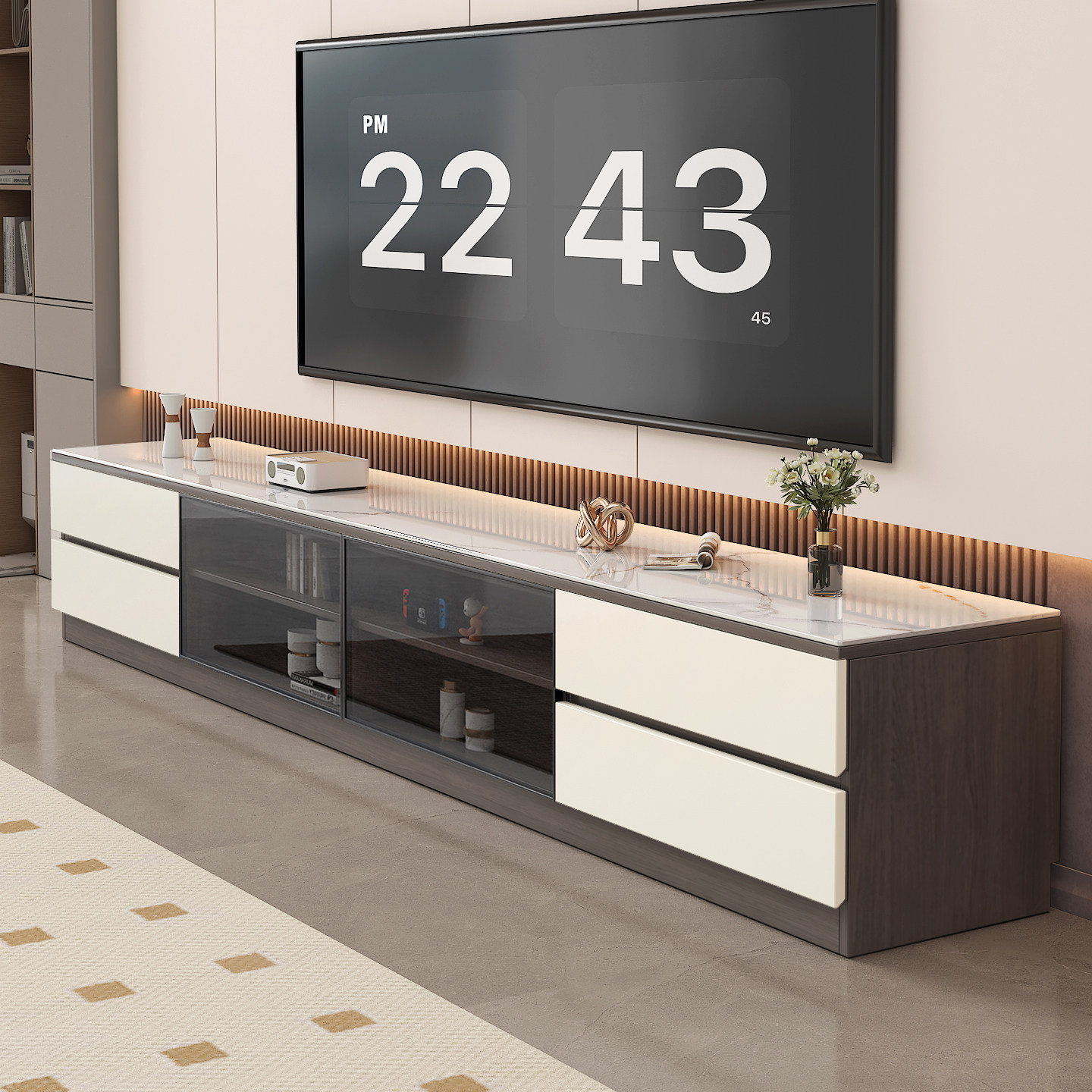 电视柜 岩板实木50cm客厅高款落地地柜轻奢高级感玻璃门 电视机柜