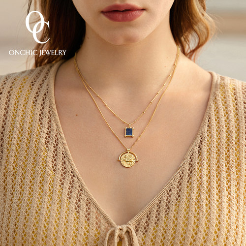 onchic小心诗明星同款硬币项链女锁骨链轻奢小众高级感色颈链