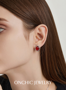 明星同款OnchicOR系列朝晖耳环女天然红玛瑙耳饰小众轻奢高级感