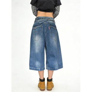 竹节巴黎扣七分裤 水洗做旧设计感短裤 牛仔裤 新款 夏季 半岛铁锤美式