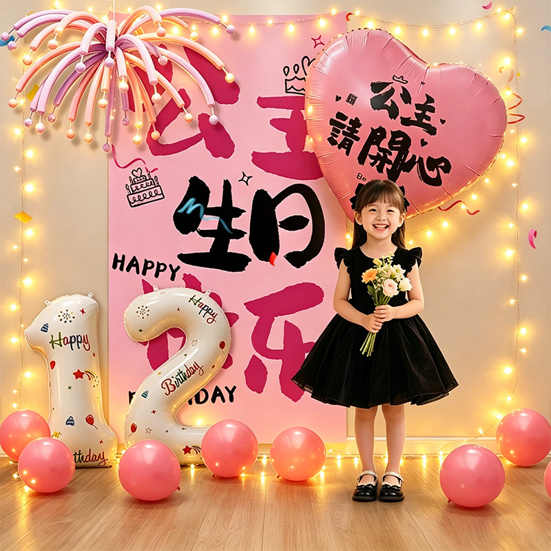 女童粉色生日数字气球派对拍照
