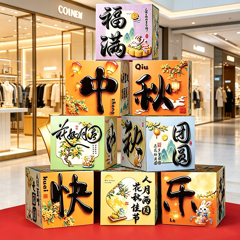 中秋国庆装饰地堆礼盒商场银行门店堆头摆件盒子活动氛围场景布置