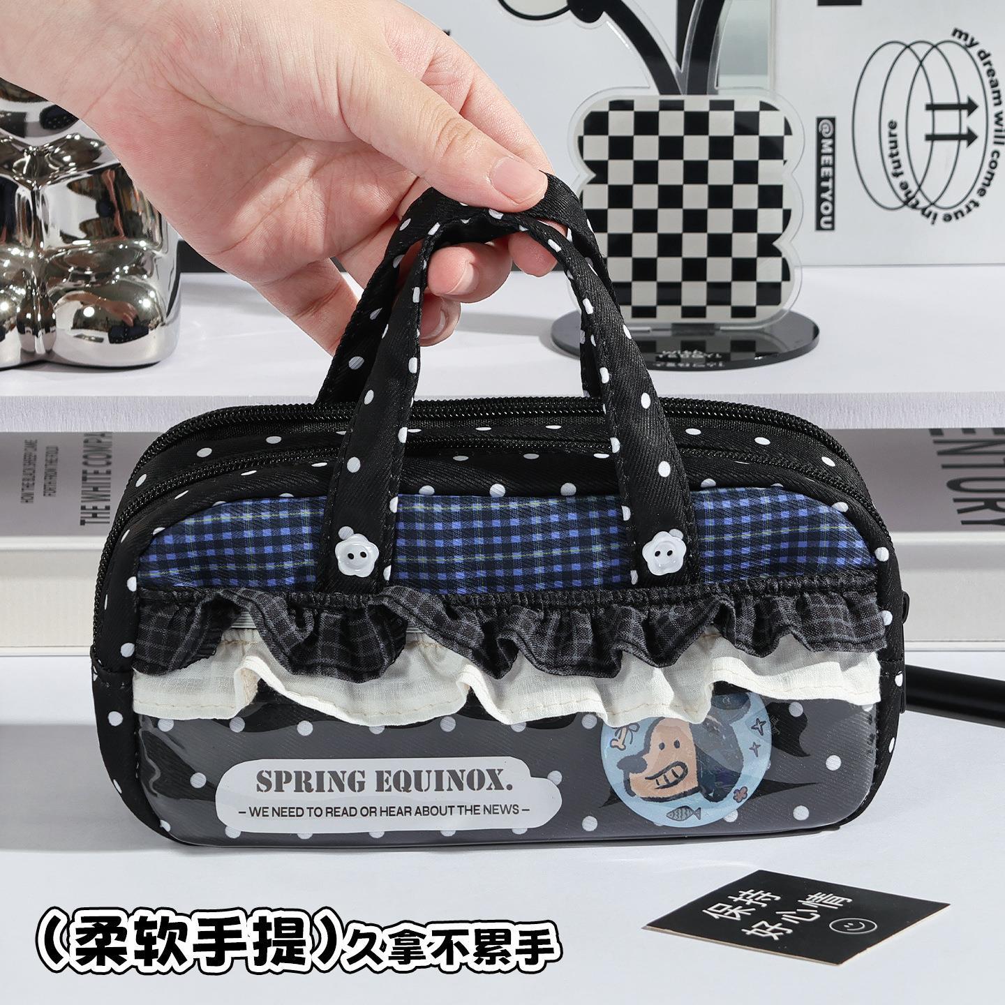 三年二班裙边韩系黑波点蕾丝笔袋