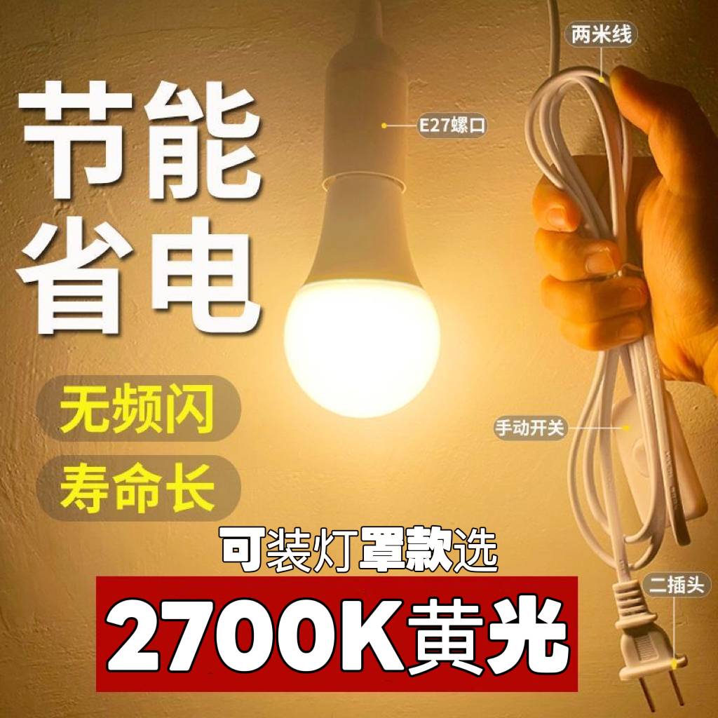 家用暖黄光卧室悬挂式直插LED带线吊灯开关插头2700K黄光阳台照明