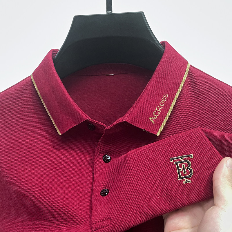 100%丝光棉男士长袖t恤本命年红色春秋季爸爸装结婚宴POLO衫上衣