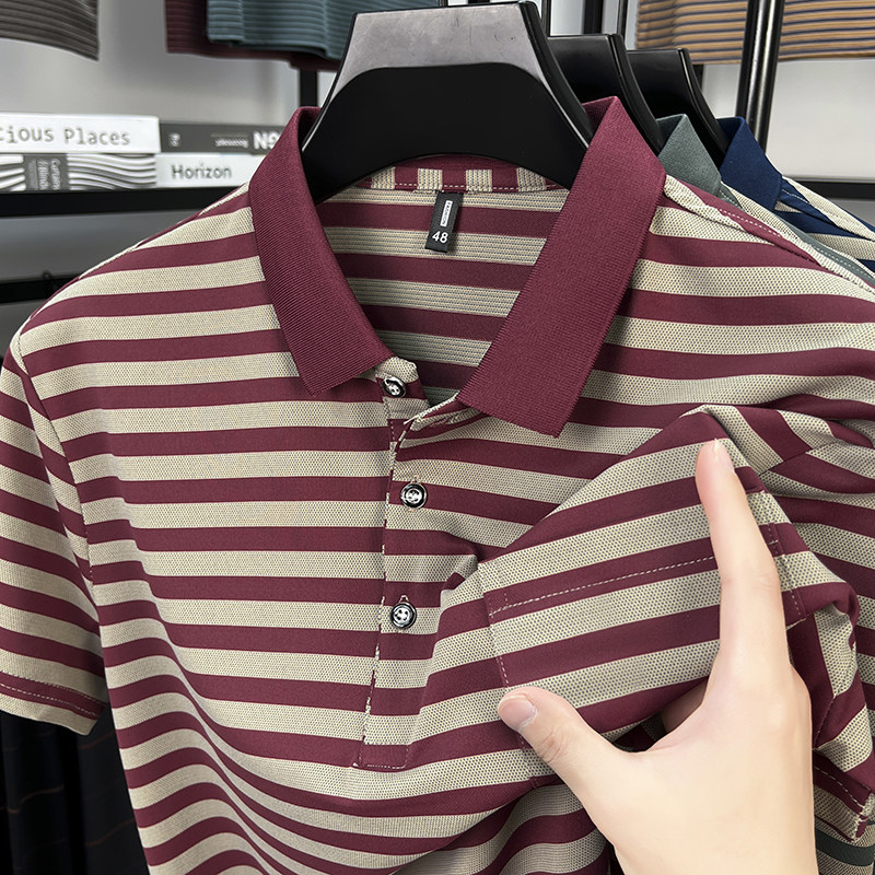 真口袋~男士红色条纹短袖T恤新款爸爸装凉感婚宴婚礼polo衫上衣服
