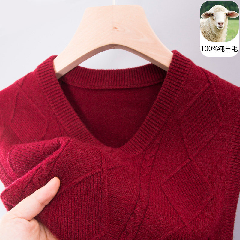 中老年男士爸爸装红色100纯羊毛衫龙年本命年加厚马甲保暖背心