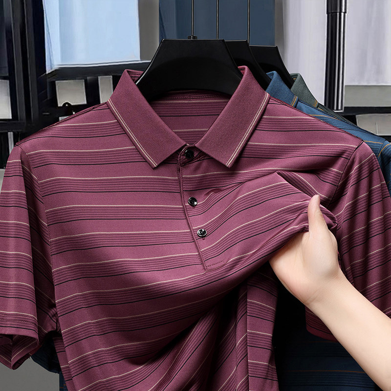 男士夏季新款红色条纹短袖T恤中年爸爸装婚宴婚礼冰丝polo衫上衣