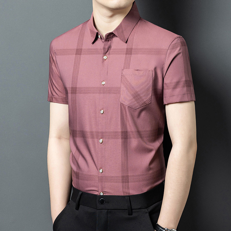 男士红色短袖衬衫夏季冰丝凉感上衣服喜爸爸装本命年婚宴礼服衬衣