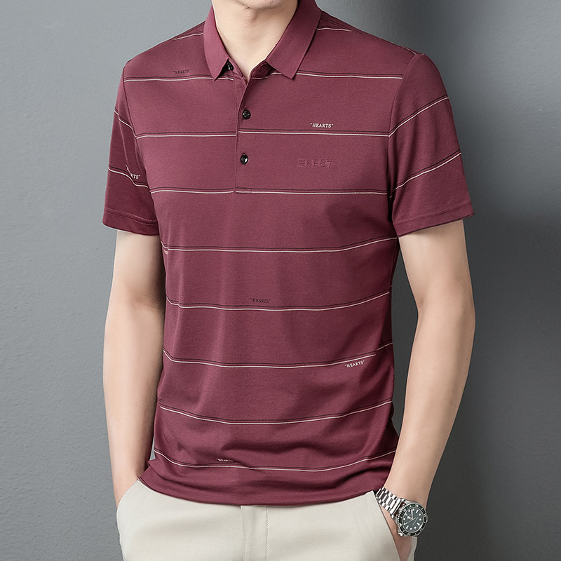 男士夏季新款红色短袖T恤爸爸装凉感条纹本命年婚宴polo衫上衣服