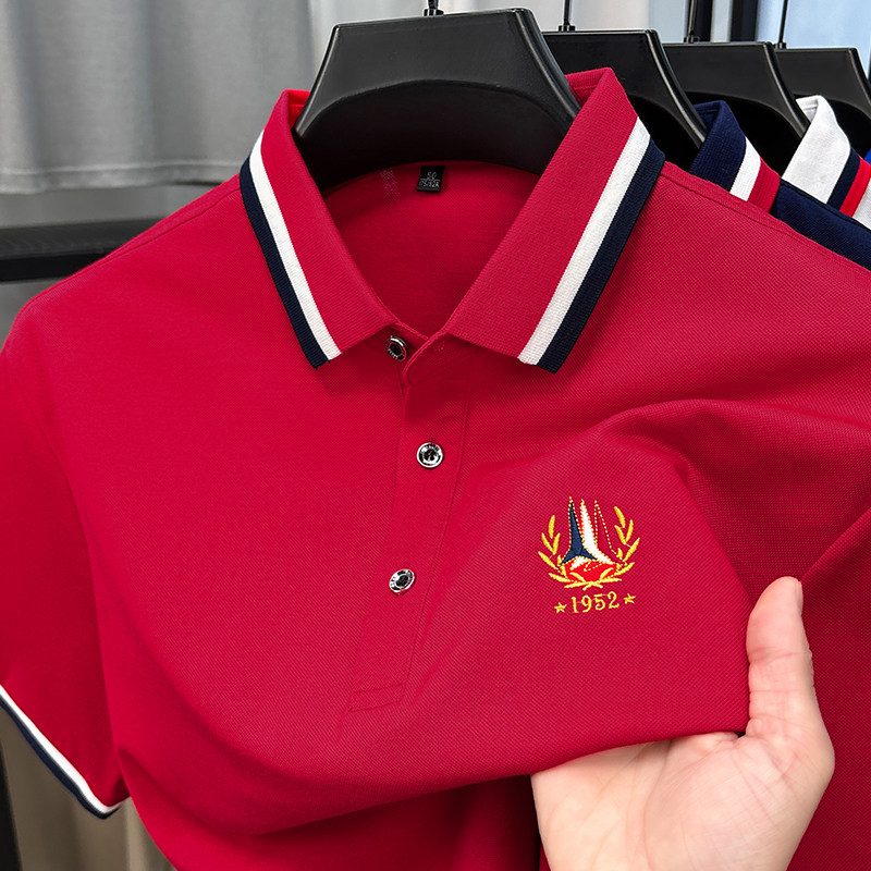 丝光棉~男士红色短袖T恤夏季新款中年爸爸装婚宴婚礼polo衫上衣服