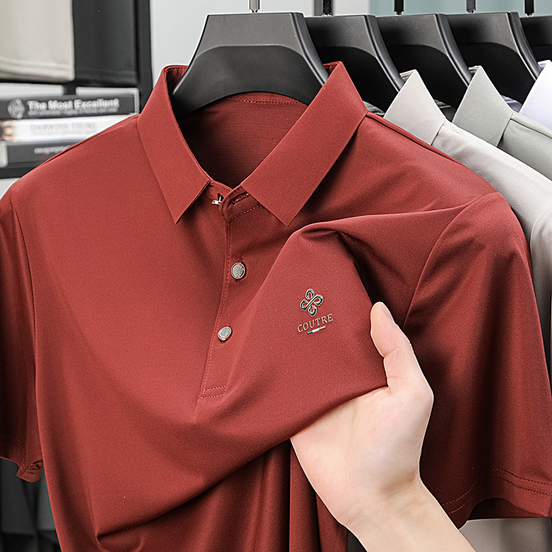 桑蚕丝~男士红色短袖T恤新款中年爸爸装婚宴婚礼翻领polo衫上衣服