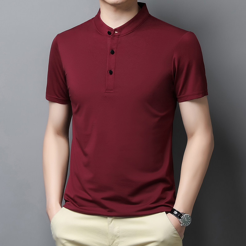 夏季新款红色立领短袖t恤男胖子爸爸装特大号本命年婚宴纯棉上衣