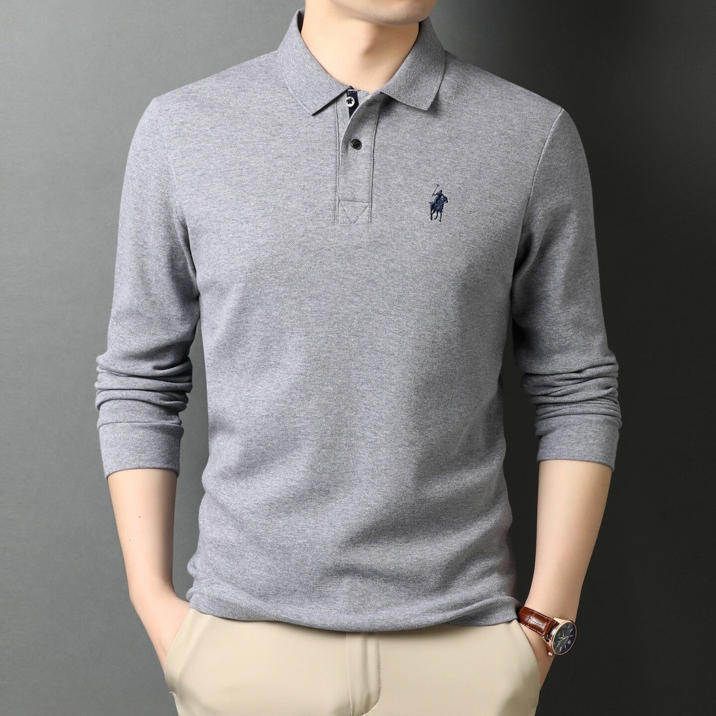 春秋季纯棉小马标翻领T恤男士长袖上衣服休闲POLO衫经典商务服装